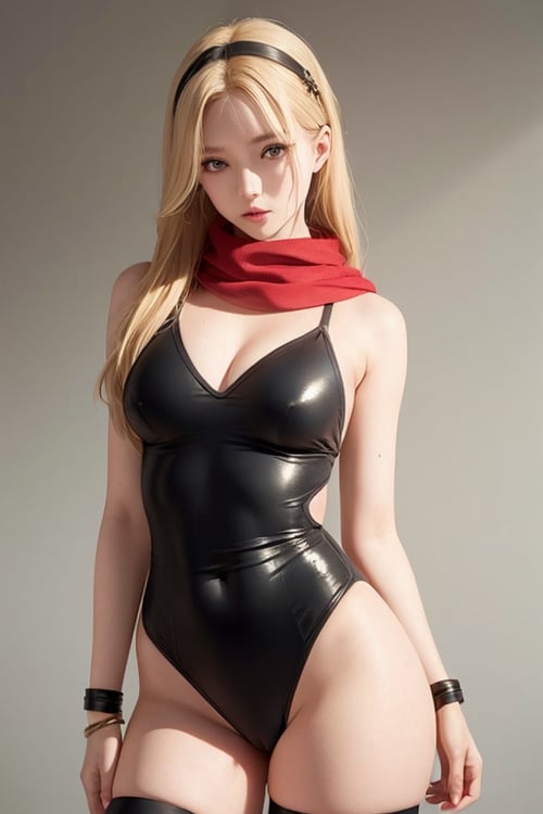 blonde hair, red eyes,long hair,dark skin,wearing vambraces and hairband and leotard and scarf, gold trim, peacing