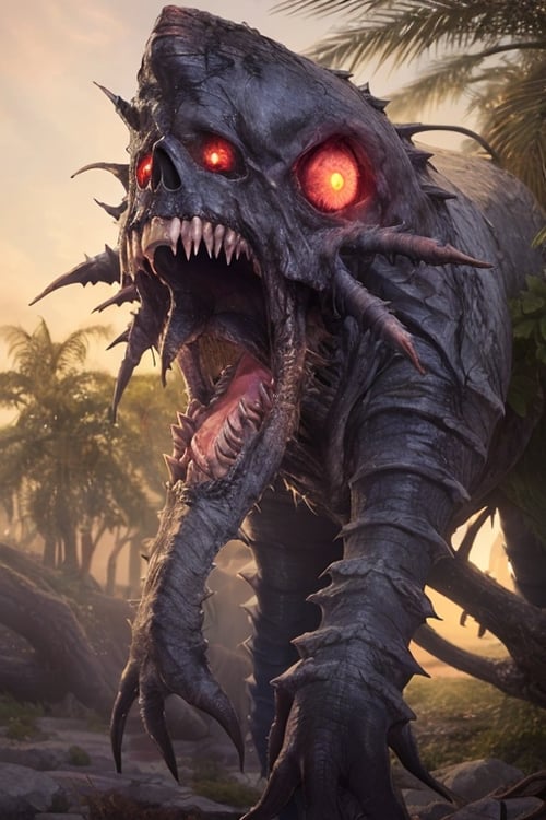 ((monster)) ugly, frightful, bare tree, tree,branch, forest, teeth, plant, nature, sharp teeth, glowing, solo, checkered, skull, skeleton, horror \(theme\), outdoors, looking at viewer, open mouth, red eyes, glowing eyes, palm tree, leaf, feathers, male focus, animal, vines, fangs, sky