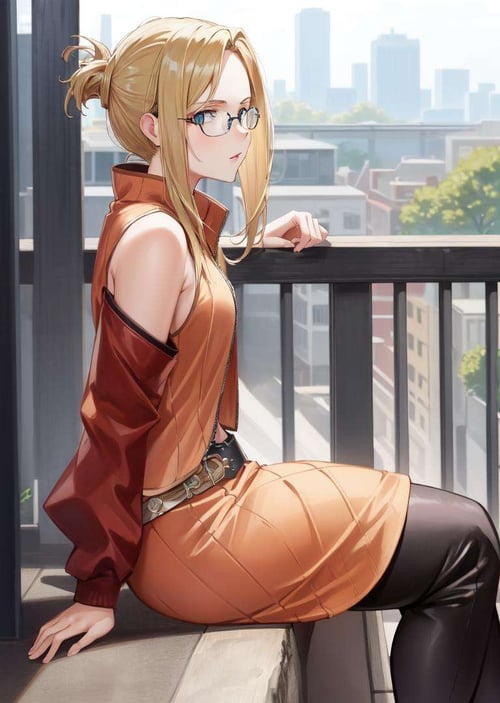 masterpiece, best quality, quistis, glasses, orange jacket, detached sleeves, orange skirt, belt, leggings, boots, sitting, park, city street, looking at viewer, from side <lora:quistis-nvwls-v4:0.9>