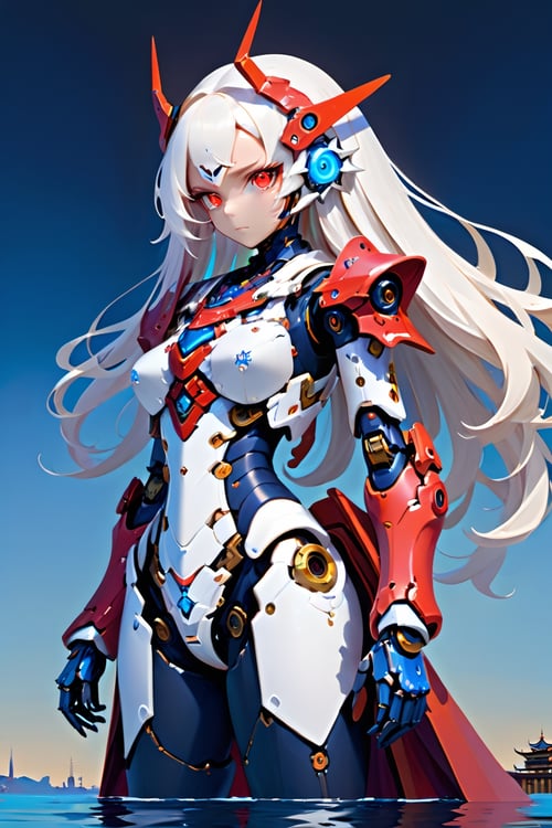 masterpiece,best quality,ultra-detailed,very detailed illustrations,extremely detailed,intricate details,highres,super complex details,extremely detailed 8k cg wallpaper,cowboy shot, caustics,reflection,ray tracing,demontheme,nebula,dark aura,cyber effect, (1girl:1.4),solo,alone,mecha musume,mechanical parts, robot joints,single mechanical arm, headgear, mechanical halo,star halo,intricate mechanical bodysuit, mecha corset, full armor, very long hair,white hair, hair between eyes, multicolored hair, colored inner hair, red eyes,glowing eye,eye trail, random expressions,random action, ancient japanese architecture,pond, starry sky,skyline, 