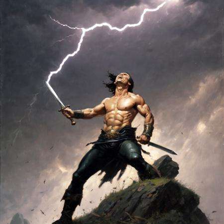 <lora:fr4z3tt4:0.4>fr4z3tt4  man raises sword to sky and gets struck by lightning
