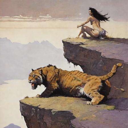 <lora:fr4z3tt4:0.75>fr4z3tt4 woman on cliff with big cat
