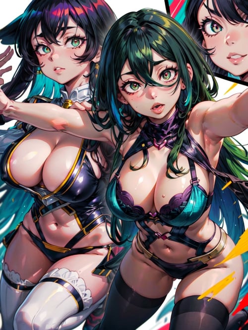 1girl, masterpiece, best quality, Tsuyu Asui from My Hero Academia, She stretches with one hand towards the spectator. Winks one eye, aroused look, long tongue ((heart-shaped)), big breasts, half-naked, sexy bra, kids white panties, bra, thighhighs, white background, multicolored hair (green hair, fades to purple) , black thighhighs, slit pupils, (looking at viewer, ), high contrast, (bright colors hair), perfect anatomy, highly detailed
 (realistic:1.2), (realism), (masterpiece:1.2), (best quality), (ultra detailed), (8k, 4k, intricate),(full-body-shot 1)),(highly detailed 1.2),(detailed face:1.2), nsfw, colorful,(detailed eyes:1.2)(detailed background),detailed landscape, (dynamic angle:1.2), (dynamic pose:1.2), (rule of third_composition:1.3), (Line of action:1.2)