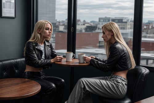 1woman, (high detail skin:1.2), (long blonde hair, black leather jacket, white crop-top tshirt, pants), sitting, inside cafe at small table, 1cup of coffee on the table, looking out large picture window,