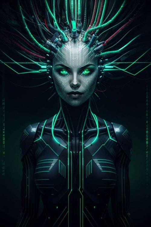 <lora:shodan-10:0.7>, shodanSS_soul3142, 1girl,  glowing eyes, green theme, tube in head, cables, neon, science fiction, circuit board  background