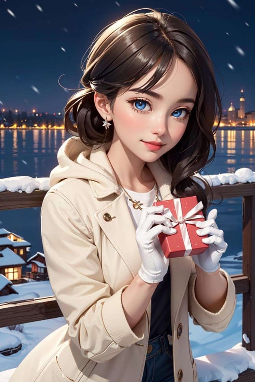 (masterpiece, best quality:1.4), (beautiful, aesthetic, perfect, delicate, intricate:1.2),(realistic:1.3), cinematic shot, cinematic lighting, (depth of field), (1girl, solo), (pov, focus face, from above, upper body), (perfect face, beautiful eyes), cute, adorable, winter clothes, (winter white gloves), black hair, (beautiful scenery, cityscape, snowing, night sky), (holding gift:1.4), smile, blush, looking at viewer, (cowboy shot),