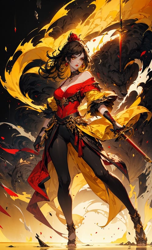 (black background:1.2),[(black background:1.5)::5], FH，1girl, weapon, sword, jewelry, earrings, black_hair, breasts, solo, gloves, holding_weapon, holding_sword, medium_breasts,full body, yellow theme，exposed collarbone, exposed shoulders，exposed abdomen，sideways glance, (cold attitude,eyeshadow,eyeliner,red lips:1.5),skinny, (Slim body:1.1)，(long legs:1.3),<lora:niji_武士:0.7>