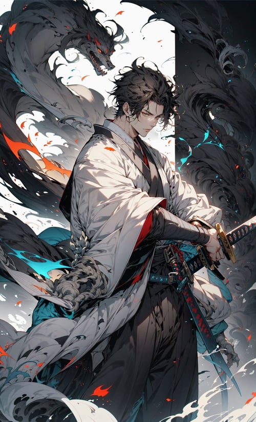 (black background:1.2),[(black background:1.5)::5], FH，weapon, 1boy, male focus, sword, solo, japanese clothes, holding, holding weapon, katana, holding sword, sheath, , , long sleeves, , haori, , hakama, kimono, sheathed,,, Architectural background,<lora:niji_武士:0.7>