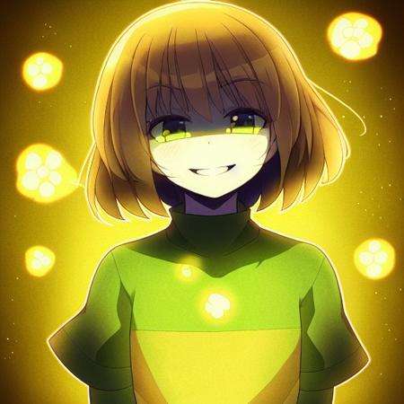 <lora:Undertale Chara:0.5>, <lora:Undertale Frisk:0.5>, Undertale Frisk, Undertale Chara, 2 girl, Frisk on front, Chara on back, dark aura on Chara, Frisk soft smile, Chara evil smile, soft aura on Frisk, both looking at the viewer, Frisk open mouth, Chara holding a knife