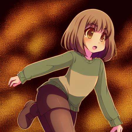 <lora:Undertale Chara:1>, Undertale Chara, realistic, best quality, high quality, brown hair, bob cut, short hair, sexy, full body, low angle, brown short, black pantyhose, brown shoes, green shirt