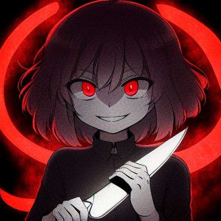 <lora:Undertale Chara:1> Undertale Chara, holding knife, evil smile, dark aura, looking at viewer