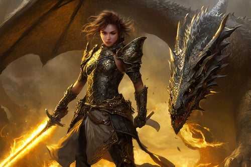 Realistic, a girl holding a sword and wears an armor made of scales facing toward Dragon made of scales, Yellow and black, ancient and seasoned look, Epic, Huge and intimidating wings, Sharp and dangerous fangs, Desolate, Full body, Majestic, Intricately detailed, Artistic lightning, Particles, Beautiful, Dazzling, Shocking, Highly detailed , digital art, sharp focus, trend in Art Station, frame, NightmareFlame,HZ Steampunk