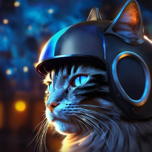 (best quality,masterpice),NightmareFlame, cat, helmet, realistic, animal, science fiction, no humans, blue eyes, armor, black cat, simple background