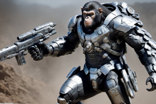 ultra realistic,(masterpiece, best quality), planet of the apes, sci-fi chimpanze mecha soldier characters escorting spider seige tank, aiming railguns, swinging power hammer, Matte white armor with candy red illuminated trim, dragon ball z scouter, salat helmet, Mass Effect N7 Armor, human skulls on belt and back, wrist mounted blades, wrist mounted alien gun, glowing power cells and coils, anthropomorphic figure, intricate details, detailed glowing amber eyes, various fur types, lifelike fur, wearing round bulky futuristic armor with glowing details, mechanical, faces high attention to detail, nice large flat surfaces of armor, interlocking armor peices, charging pose on all four limbs, jetpacks, exo suits, Hydralic tubes on armor, energy grenade on belt and various tools, reflection mapping, realistic figure, Large mecha gun with drum mag, hyperdetailed, cinematic lighting photography, landscape jungle alien planet with futuristic industrial mining equipment,tree houses, moab rocks scttered, highly detailed faces of all characters in scene, dslr, 8k, 4k, ultrarealistic, realistic, natural skin, textured skin,Movie Still,cyborg style,mecha
