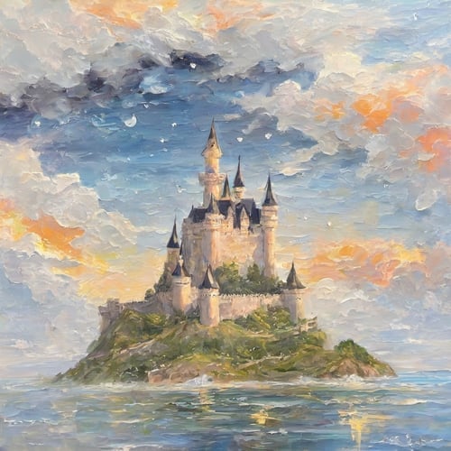 artistic oil painting stick,clouds, galaxies,starry sky
,(castle:1.3),sea,rough,(uneven),embossment,castle
