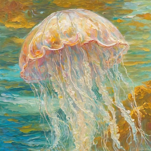 artistic oil painting stick,Underwater,jellyfish,rough,(uneven),embossment,