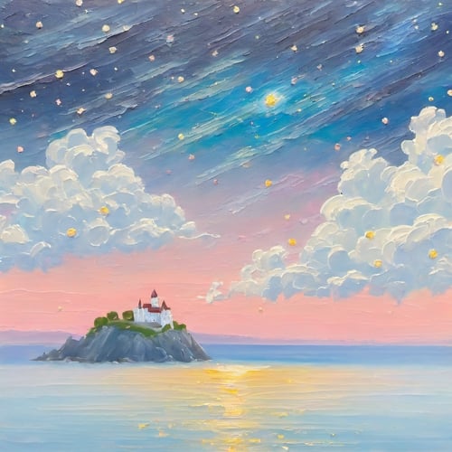 artistic oil painting stick,,(castle:1.5),white clouds, galaxies,starry sky,sea,rough,(uneven),embossment,rose