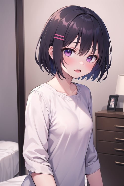 (masterpiece), highest quality, high resolution, small breasts, 1girls, short hair, upper body, looking at viewer, hairclips, loose outfit, casual outfit, bedroom background, blushing, messy hair, open mouth,