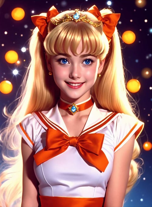 Ealistic film still of smiling Sailor Venus from live action of ‘ Sailor Moon’, a beautiful and delicate - looking girl with long flowing blonde hair, wear a gold tiara with an orange jewel, wear white sailor school uniform with a big blue bow on her chest, wear one mediums red bow on back hairs, she wears a orange sailor collar with white stripe, white elbow gloves with orange elbow pads, wear orange choker, light blue eyes