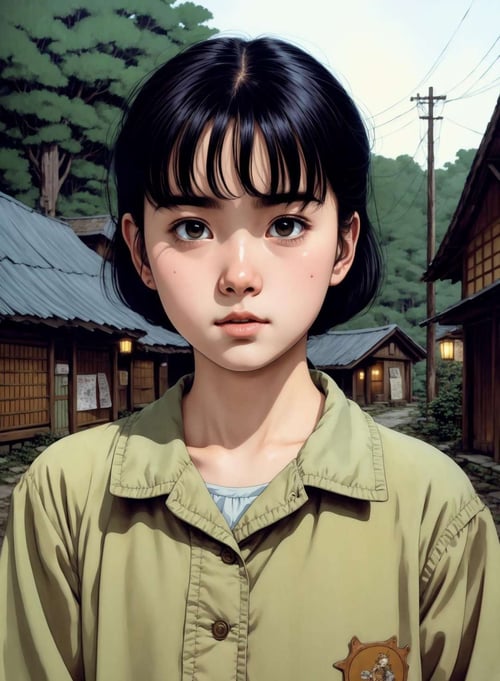 A girl, standing in the village, front face, face close - up, 8K, eerie horror, dim lighting, panoramic perspective, HD, high detail, clear face, detail features, clear features, super high detail, super high image quality, Miyazaki animation hand - drawn style, large paper expo art style, manga, country style, ( line sense) , clean art style