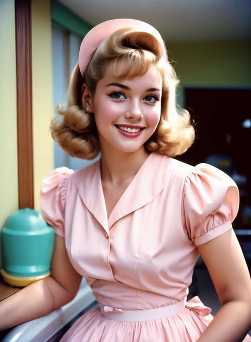 Portrait of a beautiful young housewife, smiling, wearing a pastel pink dress, The picture is taken with an analog camera in the 1950s. People wearing traditional 50s style clothes, people having traditional 50s haircuts, Photo by William Eggleston, 50s look, highly detailed, slightly washed out pastel color, slightly blurred, slightly grainy, film photography