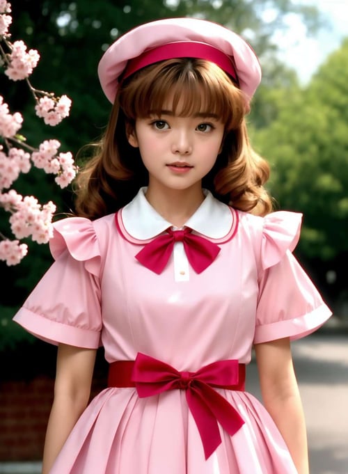Analog, vhs, 8mm film, chromatic aberration, 1980s, A realistic film still of Sakura Kinomoto from live action film of Cardcaptor Sakura, youthful and sweet appearance, Sakura's hair is chestnut brown and falls in soft, wavy locks that reach slightly below her shoulders, Sakura's hat is a pink beret hat and has a big ribbon, Her pink dressand consists of multiple layers, big red bow at the front of the dress, The top layer features ruffled short sleeves and a ruffled collar, The dress is adorned with various bows and ribbons