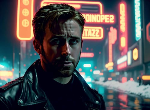 A cinematics, Officer K as Ryan Gosling( Blade Runner 2049) he considers himself above stealing, dutch angle shot, extreme close shot, a scene surrounded by a snow, capture by SonyCineAlta, film directed by Denis Villeneuve, Neon Lights