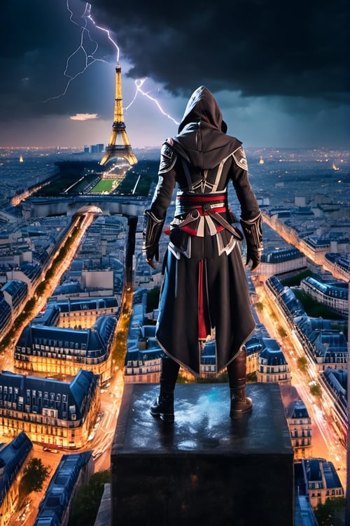 One girl, ((assassin Creed)), hoody, black armor, cyberpunk city, neon lights, on top of a tower, crouching on top of a tower, aerial view of PARIS, |((wet surfaces)), rain, lightning, sparks, |(Masterpiece, highly detailed, extremely detailed, beautiful, HD)), (extremely clear CG unity 8k wallpaper, masterpiece, best quality, ultra-detailed, best shadow), (clear background), Movie Still, Film Still, mecha