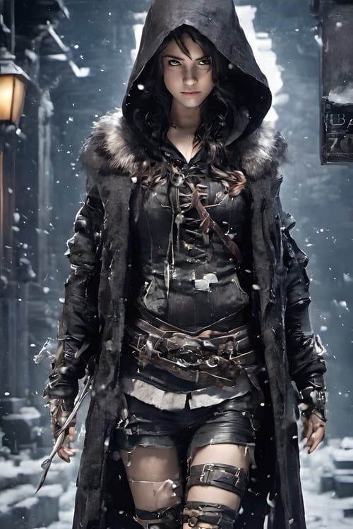 assassin creed, 1girl, winter_clothes, black clothe, hoodie on head, high_resolution, high detail, perfect body, side view,steampunk style,Movie Still,Film Still,Cinematic,steampunk,HZ Steampunk