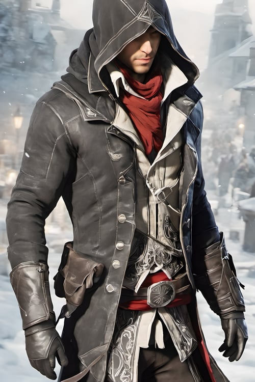 assassin creed, 1boys, winter_clothes, black clothe, hoodie on head, high_resolution, high detail, perfect body, side view