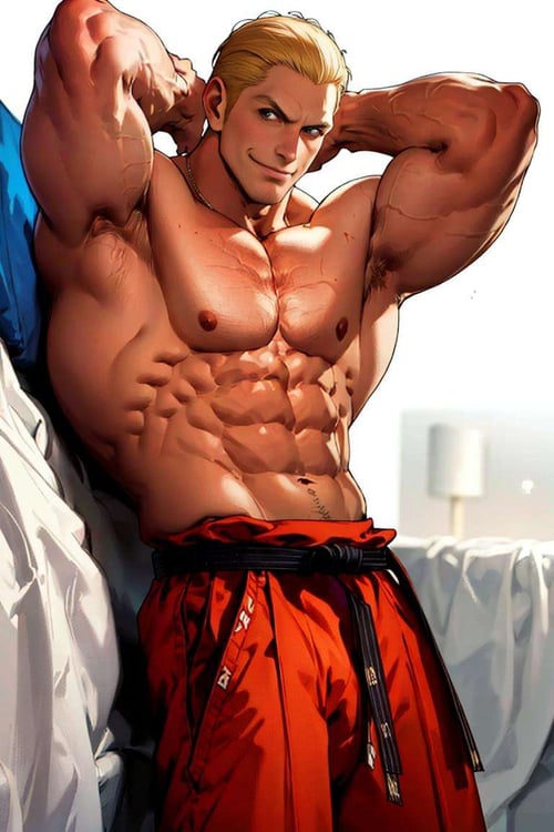 masterpiece, best quality, detailed, 1guy, 45y.o. , GeeseHoward, shirtless, red pants, black belt,  <lora:GeeseHowardV2-000004:0.9> digital colors, bright colors, shirtless,bulge, muscular, oily skin,  stubble, smirk, hands behind head, medium shot, lying on bed, bedroom, highres, sharp picture, mood lighting, intricate details, erotic picture, handsome man , highly detailed, high contrast , digital colors,perfect face, looking to viewer, best quality, masterpiece, highres, perfect picture, colored, bright colors