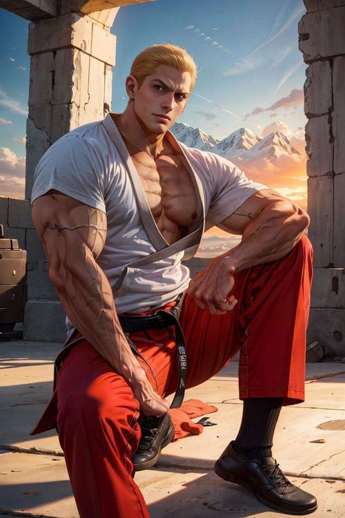 masterpiece, best quality, detailed, 1guy, 45y.o. , GeeseHoward, shirtless, red pants, black belt, white jacket, sunrise, backlighting:1.2, socks <lora:GeeseHowardV2-000004:0.9> mountains, sitting, highly detailed, high contrast , digital colors, bright colors black pants, perfect face, looking to viewer,  best quality, masterpiece, highres, perfect picture, highly detailed, high contrast , colored, bright colors