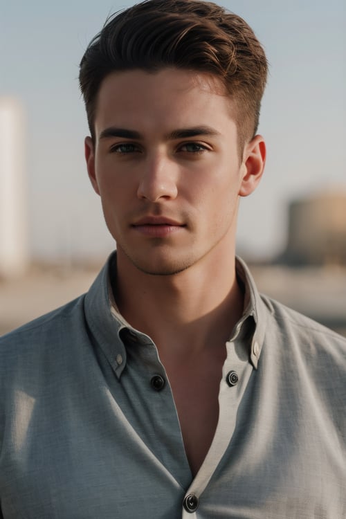 (male focus), closeup professional portrait photograph of nick sandell wearing a (button down shirt:1.5) on posing for a picture, <lora:Nick_Sandell-07:1>, deep photo, depth of field, Superia 400, bokeh, professional photograph shot, realistic lighting
