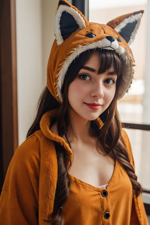 1girl, caucasian, adult, indoors, colorful, cute fox costume, ultra realistic, best quality, ultra detailed, average girl, upper body, closeup