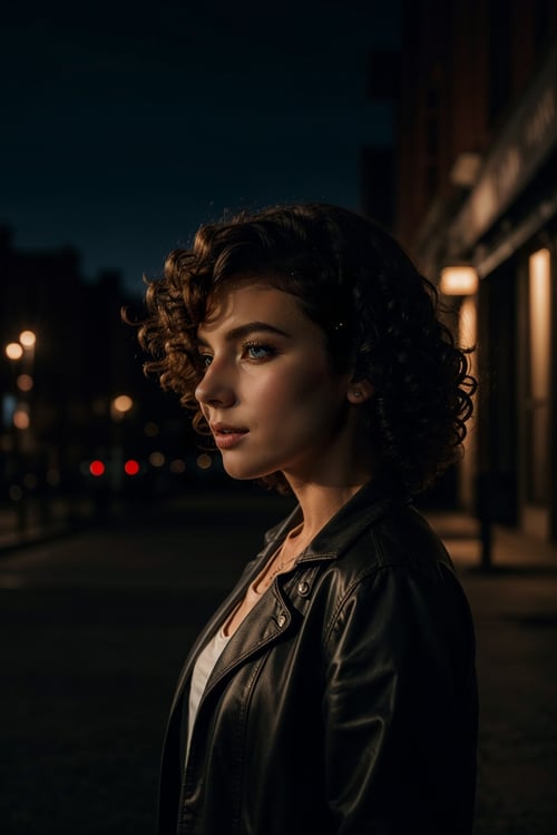 masterpiece,cinematic, filmic image 4k, 8k ,1girl,curly hair,in the dark,deep shadow,city night background, 