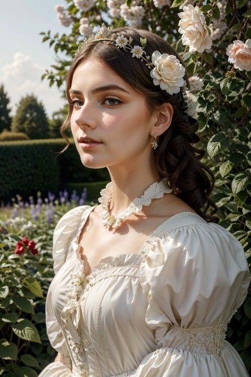 a beautiful girl, perfect face, (detailed face), ((detailed facial features)),(full body),victorian era dress, [ball gown, garden, sky masterpiece, high quality, best quality, [delicate pattern, intricate detail, [soft rim light], detailed foliage, flowers, garden alcove bower