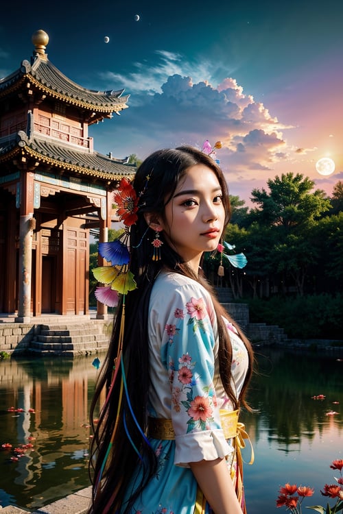 8k, RAW photo:1.2),best quality, ultra high res,dramatic angle,(fluttered detailed color splashs), (illustration),(((1 girl))),(long hair),(rain:0.9),(hair ornament:1.4),there is an ancient palace beside the girl,chinese clothes,(focus on), color Ink wash painting,(color splashing),colorful splashing,(((colorful))),(sketch:0.8), Masterpiece,best quality, beautifully painted,highly detailed,(denoising:0.6),[splash ink],((ink refraction)), (beautiful detailed sky),moon,highly,detaild,(masterpiece, best quality, extremely detailed CG unity 8k wallpaper,masterpiece, best quality, ultra-detailed),(Lycoris radiata), , ,perfecteyes,1