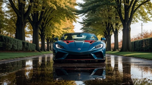 masterpiece,photo of landscape, sunny weather,(sports car,color {blue and red incandescent}), 8k,hdr, high quality, film grain,reflection masterpiece, vivid colours , weather ,puddles