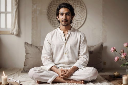 front of actor dev patel in white linen clothes, sitting in lotus seat, meditating,  simple plain background