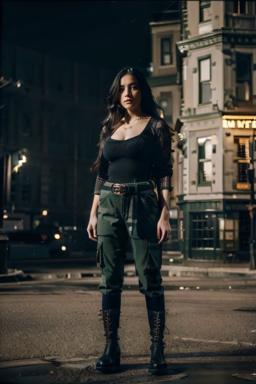 1girl, solo, (long hair, black hair, green eyes:1.3), (next level streetwear, black cargo skirt, belts, black boots, necklace), glitter, black, realistic style, 8k, exposure blend, (tomboy, big breast, slim, angry:1.1), (fighting pose), (full body), (fantasy clothes:1.2), (wind:1.3), dark of night, (aesthetic background),(masterpiece:1.2), (best quality, highest quality), (ultra detailed), (8k, 4k, intricate),(full-body-shot), (50mm), (highly detailed:1.2),(detailed face:1.2), detailed_eyes,(gradients),(ambient light:1.3) center subject, (cinematic composition:1.3),(HDR:1),Accent Lighting,extremely detailed,original, highres,(perfect_anatomy:1.2), (ray tracing),dark studio, night ,fantasy_world<lora:FilmVelvia3:1> <lora:UE_20230717224732:1> 