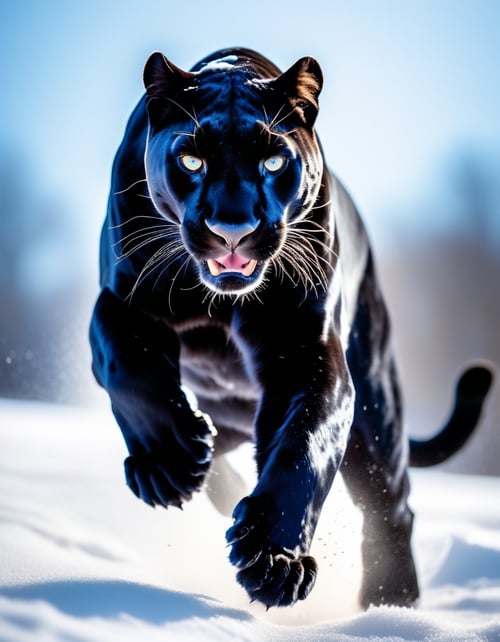 raw photo, (high detailed :1.2), 8k uhd, dslr, soft lighting, high quality, film grain, Depth of Field, fierce panther,  detailed eyes, mid air jump, freeze frame, cinematic, snow
