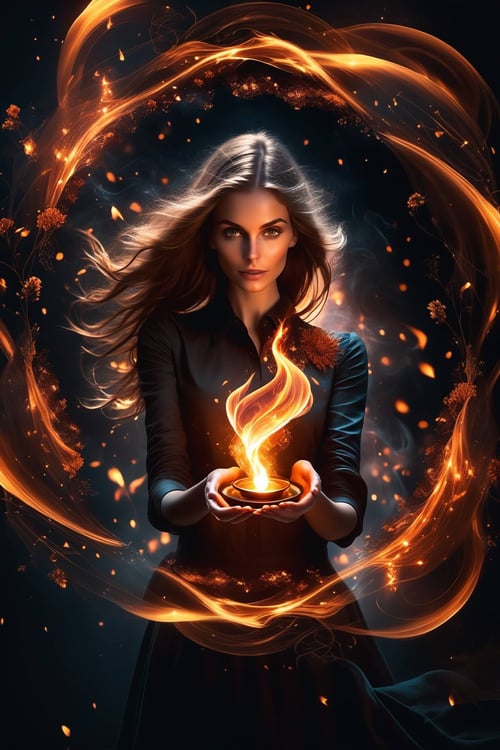 1girl holding fire, magical, abstract, dark, swirling lights, bloom, floating object, looking at viewer, realistic, solo, trending on Instagram, trending on Pinterest,