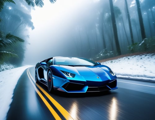 raw photo, (high detailed :1.2), 8k uhd, dslr, soft lighting, high quality, film grain, Depth of Field, freeze frame, cinematic, snow, motion lines, an exotic car going at high speed on a highway in a rainforest