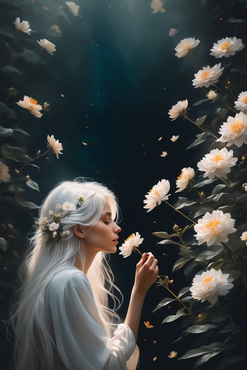 1girl looking down, smelling flower, holding flower, white hair, magical, abstract, bloom, romanticized, realistic, solo, trending on Instagram, trending on Pinterest,
