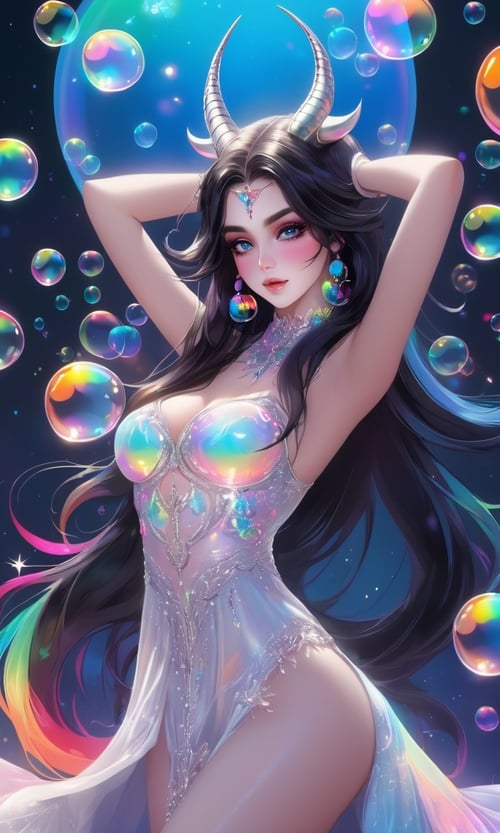 sexy girl, from the waist up, 1girl, adult, long iridescent long hair, rainbow colors,beautiful detailed eyes, symmetrical eyes, caucasian, collarbone, both hands up, armpits, iridescent horns, good posture, detailed white goth transparent dress with black decorations and shoulder straps, (very detailed background, highly detailed background), symmetrical, octane render, 35mm, bokeh, 9:16, (intricate details:1.12), (intricate details, hyperdetailed:1.15), (soft light, sharp:1.2), detailed, (backlighting), Succubus demon, (masterpiece, top quality, best quality, official art, beautiful and aesthetic:1.2), extremely detailed, colorful, highest detailed, clean facial features, upper body, (detailed light), (an extremely delicate and beautiful), a girl, cute & girly, upper body, two legs, sexy clothes inspired by clear bubbles, (beautiful detailed eyes), stars in the eyes, (((lots of big colorful Bubbles))), Iridescence, depth of field, bubbles around, flat color, vector art, negative space Alexander Jansson fantasy, (masterpiece, best quality, Succubus body), detailed background, high contrast