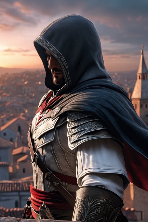 cinematic closeup Ezio Auditore da Firenze poised on a Florentine rooftop at dusk, scanning the streets below, his hidden blade ready for the Brotherhood's next mission, extreme details, volumetric lighting, cinematic scene, full focus, 16k, UHD, HDR