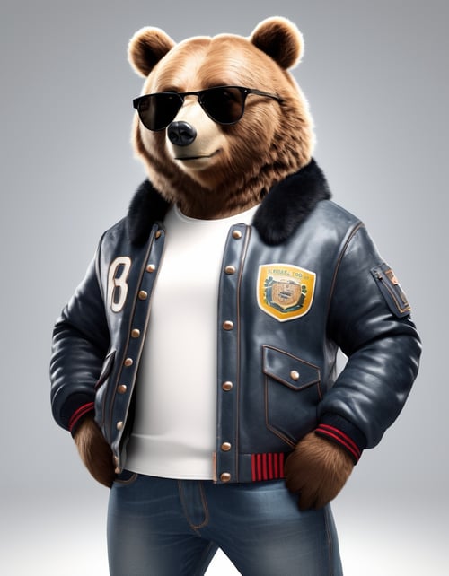 hyperrealistic photo of an anthropomorphic bear, standing straight, white background, wearing sunglasses, dark jeans, a college jacket. hands in pockets. hyperrealistic, 4k 8k, uhd, soft lighting, high quality, dslr