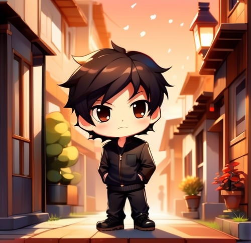 chibi, chibi style, a couple, male focus, black hair, brown eyes, looking at viewer, full body, black pants, standing, pants, out door, black footwear, closed mouth, long sleeves, frown<lora:sdxl_chibi-000001:0.65>