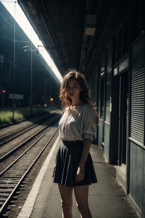a girl standing alone in front of an old, shabby, unlit transit station in a deserted countryside on a dark night, film grain, depth of field, analog film style, vivid color, 1girl, slender body, full body, beautiful eyes, beautiful symmetrical face,blouse, skirt, fog, (night, dark, dark photo, grainy, dimly lit:1.3), (masterpiece:1.2), best quality, high quality, (realistic), (absurdres:1.2), UHD, ultrarealistic, noise, 

