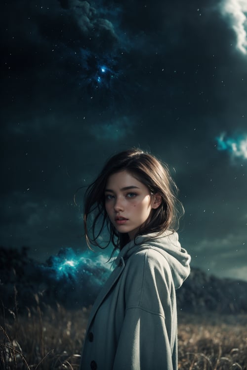(close-shot photo:1.4) of a beatutiful woman wearing a long coat on a open field, embers of memories, colorful, (photo-realisitc), nebula background, nebula theme,exposure blend, medium shot, bokeh, (hdr:1.4), high contrast, (cinematic, teal and green:0.85), (muted colors, dim colors, soothing tones:1.3), low saturation,fate/stay background,yofukashi background,1